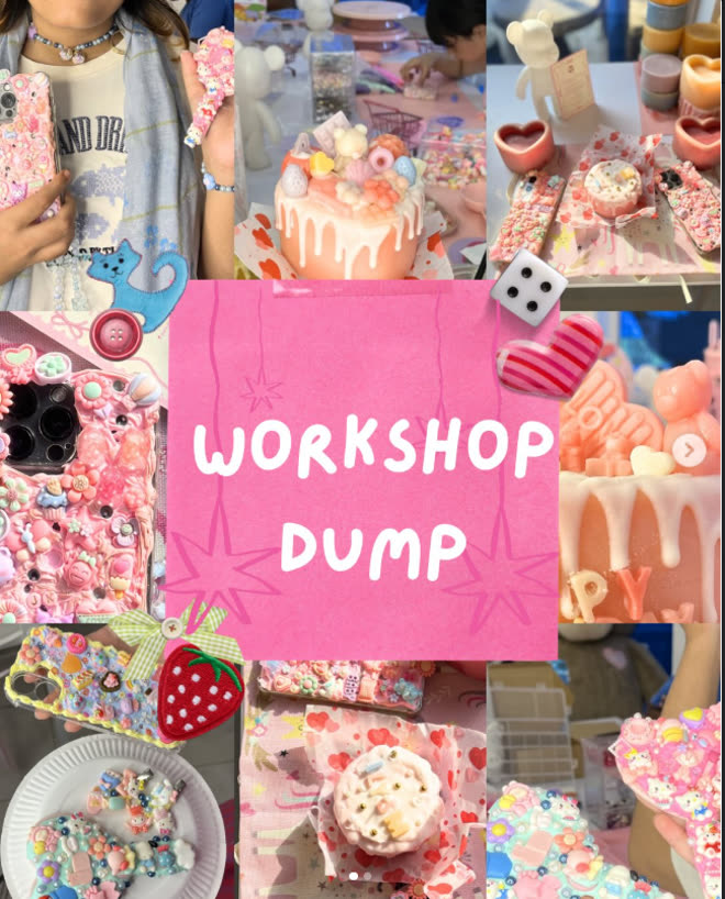 A collage of finished decoden phone cases, cakes and charms from a workshop